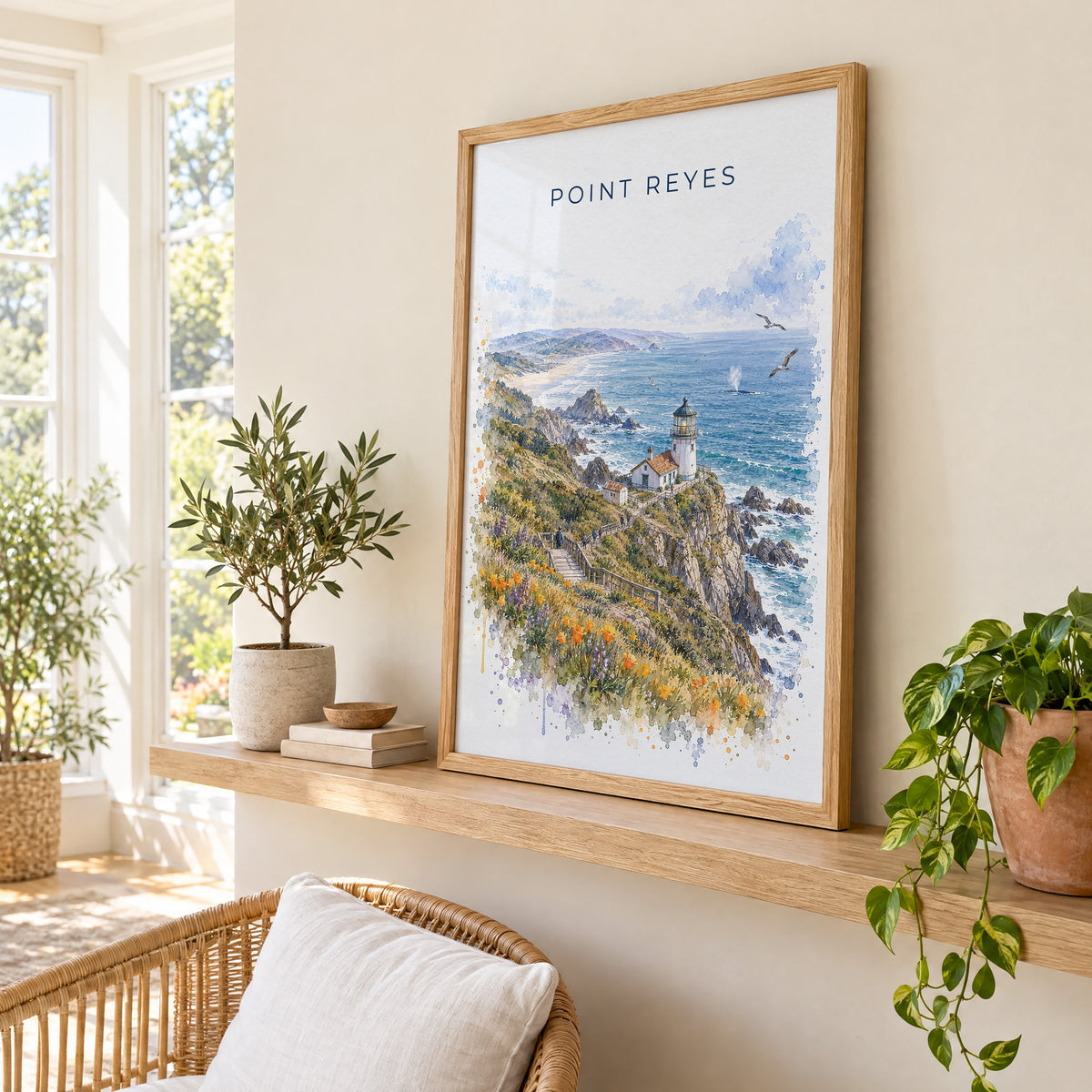 Point Reyes watercolor print in an oak frame on a picture ledge in a sunlit sunroom