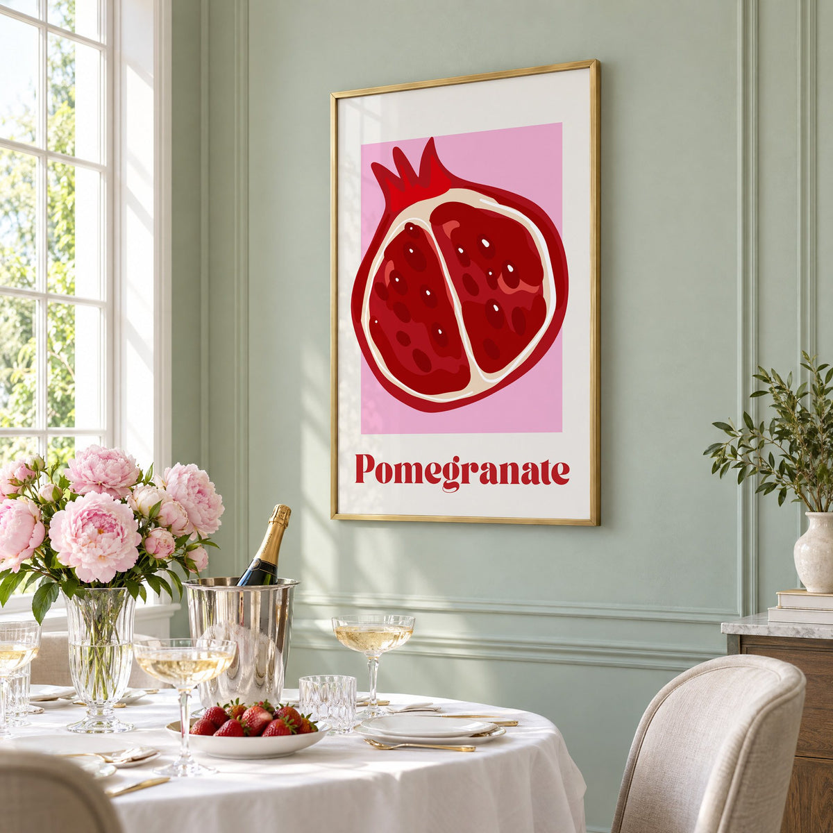 Pomegranate half bold serif pink panel print in a brass frame on a sage wall above a brunch table with champagne and peonies, seen at an angle