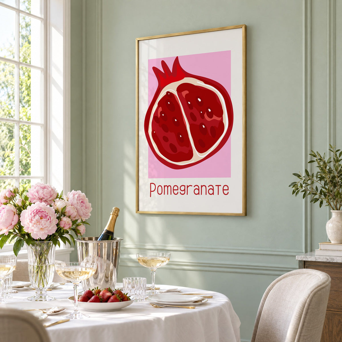 Pomegranate thin lettering halved fruit print in a brass frame on a sage wall above a brunch table with champagne and peonies, seen at an angle