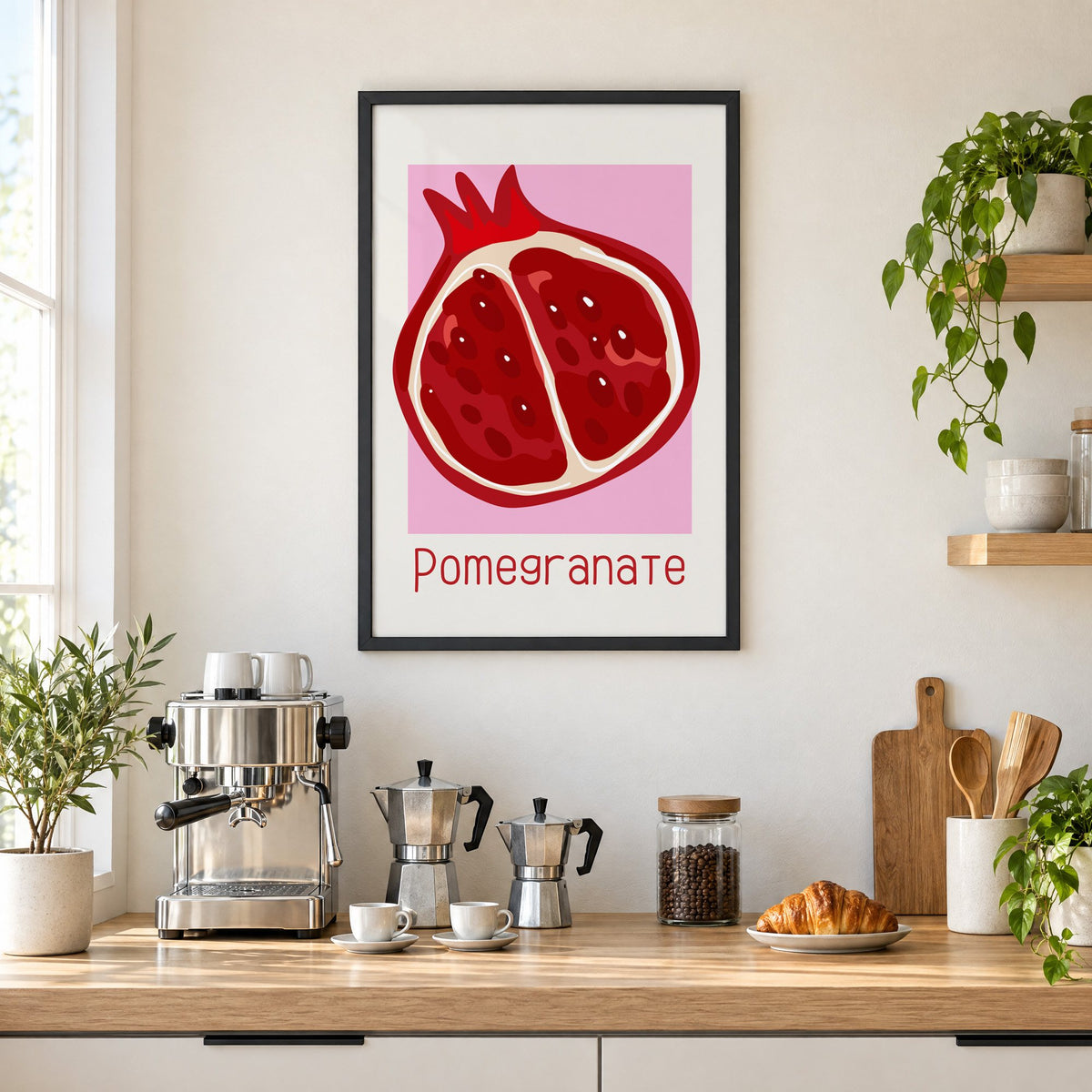 Pomegranate thin lettering halved fruit print in a black frame above a home espresso bar with moka pots and espresso cups