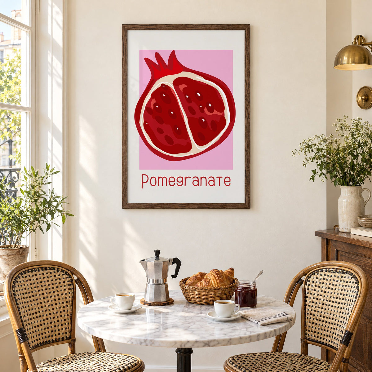 Pomegranate thin lettering halved fruit print in a walnut frame above a marble bistro table with croissants and rattan chairs