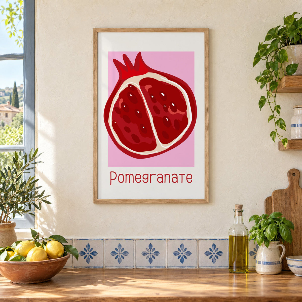 Pomegranate thin lettering halved fruit print in an oak frame on a cream plaster wall above a worktop with a bowl of lemons and blue-and-white tiles