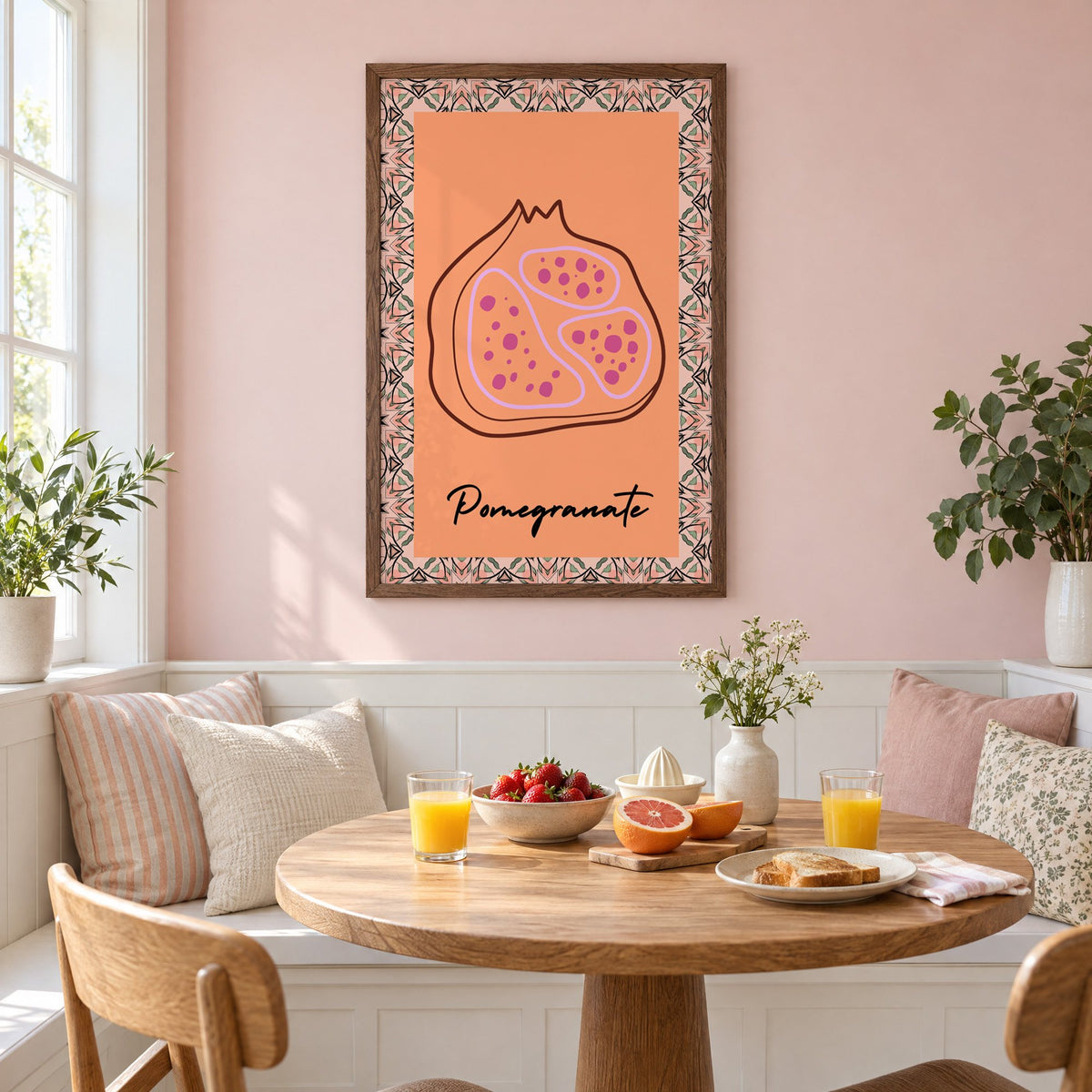 Pomegranate line-art kaleidoscope border print in a walnut frame on a pastel pink wall above a breakfast nook with strawberries and orange juice