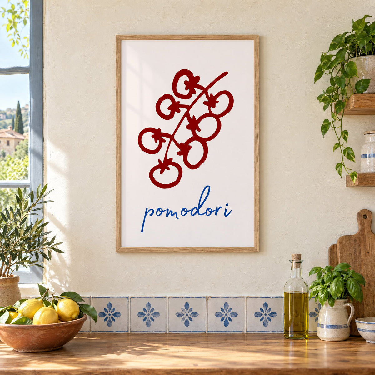 pomodori red cherry tomato vine print in an oak frame on a cream plaster wall above a worktop with a bowl of lemons and blue-and-white tiles