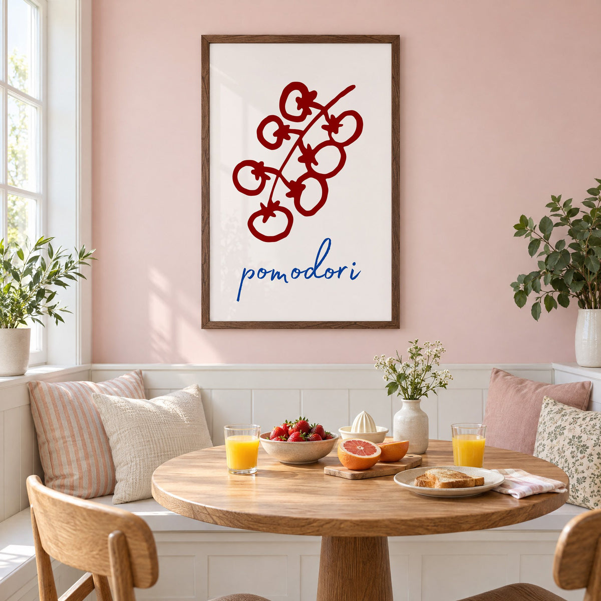 pomodori red cherry tomato vine print in a walnut frame on a pastel pink wall above a breakfast nook with strawberries and orange juice
