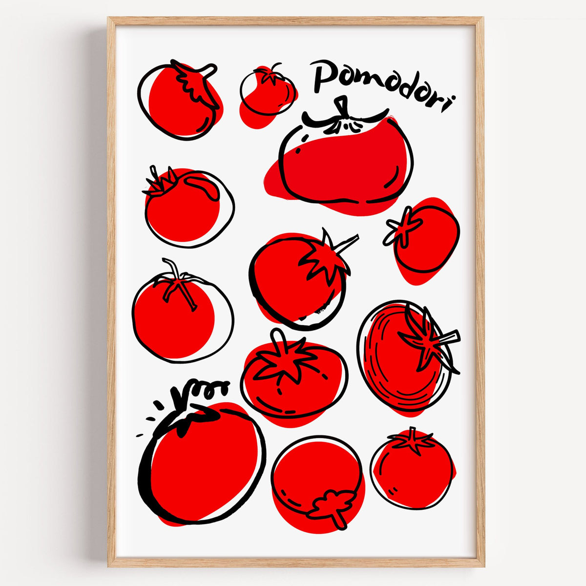 Pomodori tomatoes ink sketch print in a light oak frame on a plain white wall