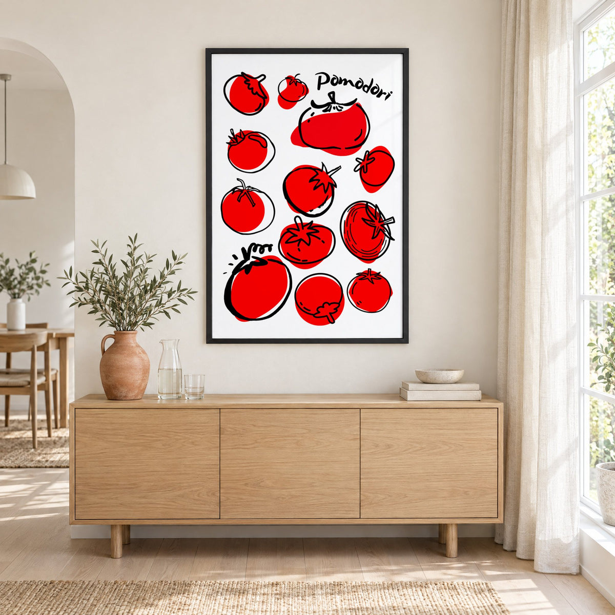 Pomodori tomatoes ink sketch print in a black frame above an oak sideboard with a terracotta vase of olive branches