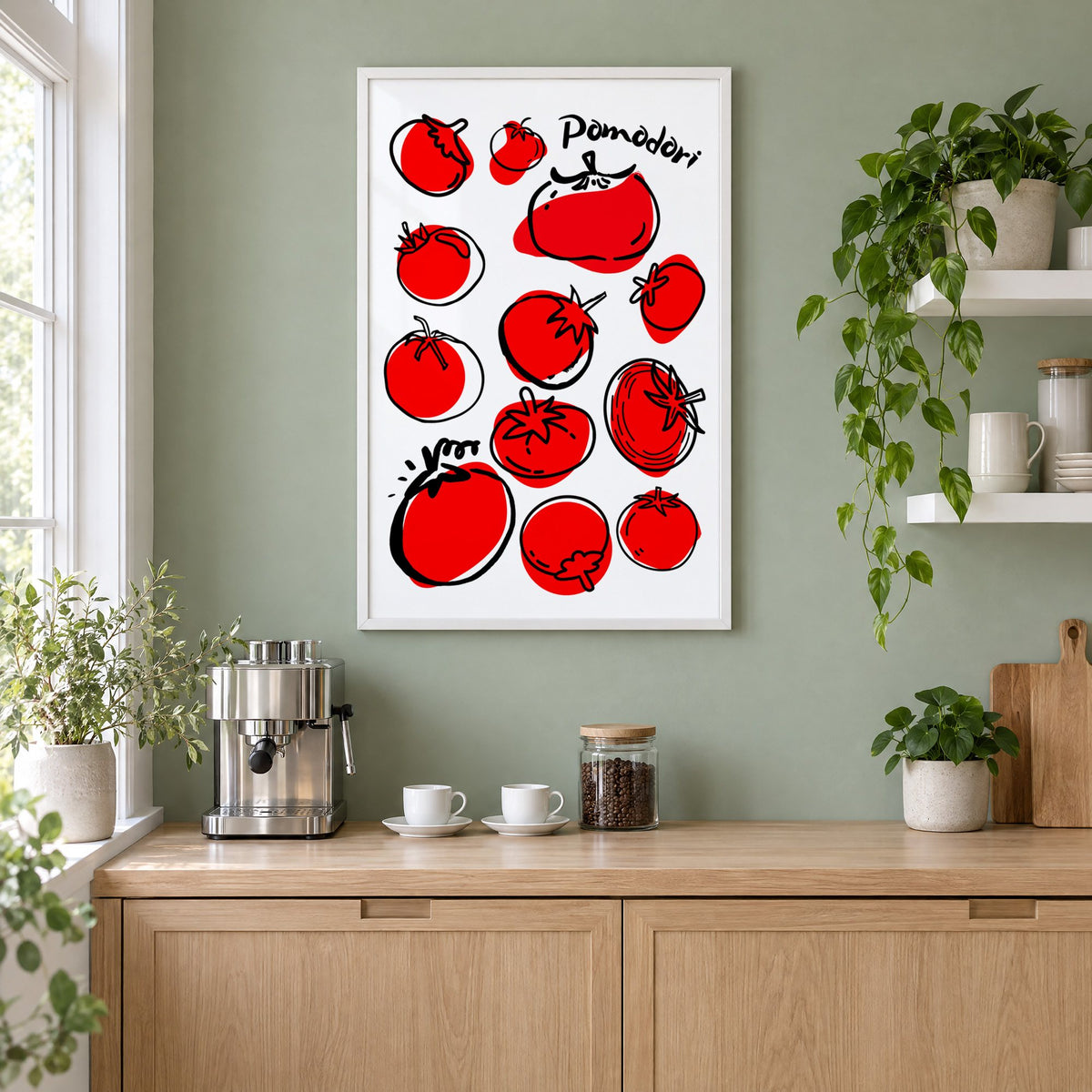 Pomodori tomatoes ink sketch print in a white frame on a sage green coffee nook wall above an espresso machine