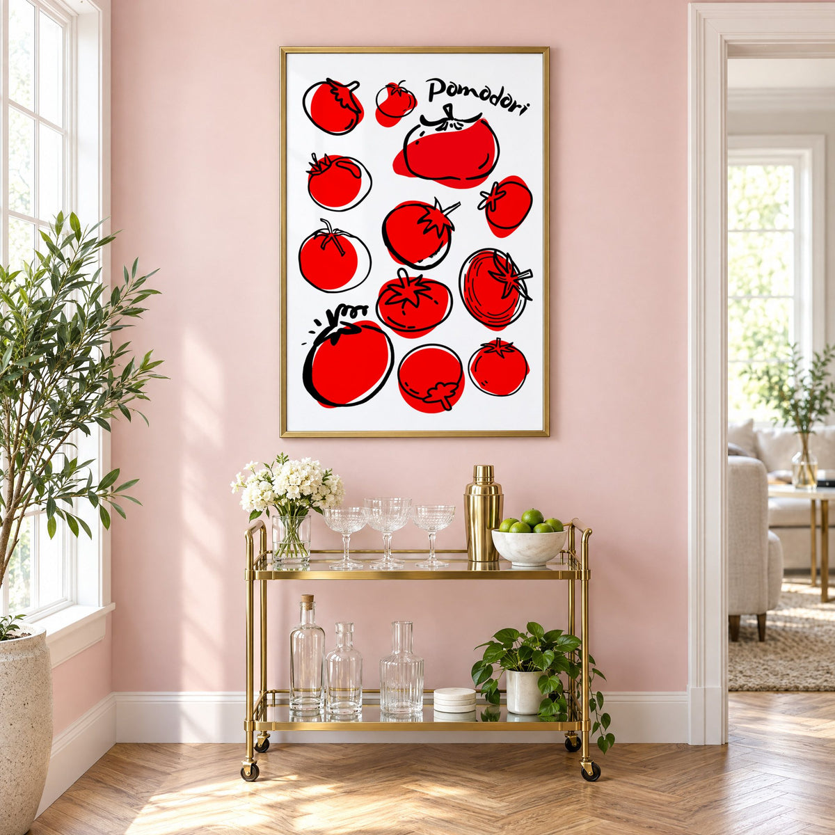 Pomodori tomatoes ink sketch print in a brass frame above a gold bar cart on a blush pink wall