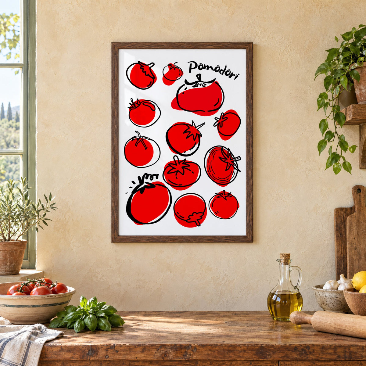 Pomodori tomatoes ink sketch print in a walnut frame above a rustic Italian kitchen table with tomatoes