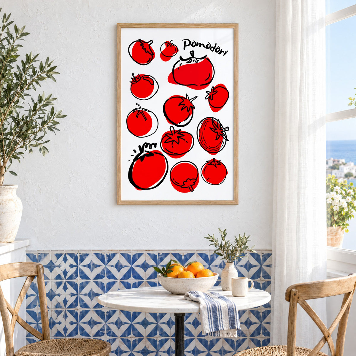 Pomodori tomatoes ink sketch print in an oak frame above a bistro table and blue patterned tiles