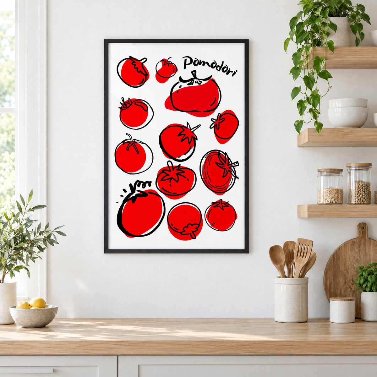 Pomodori tomatoes ink sketch print in a black frame in a white kitchen beside open wood shelves and glass jars