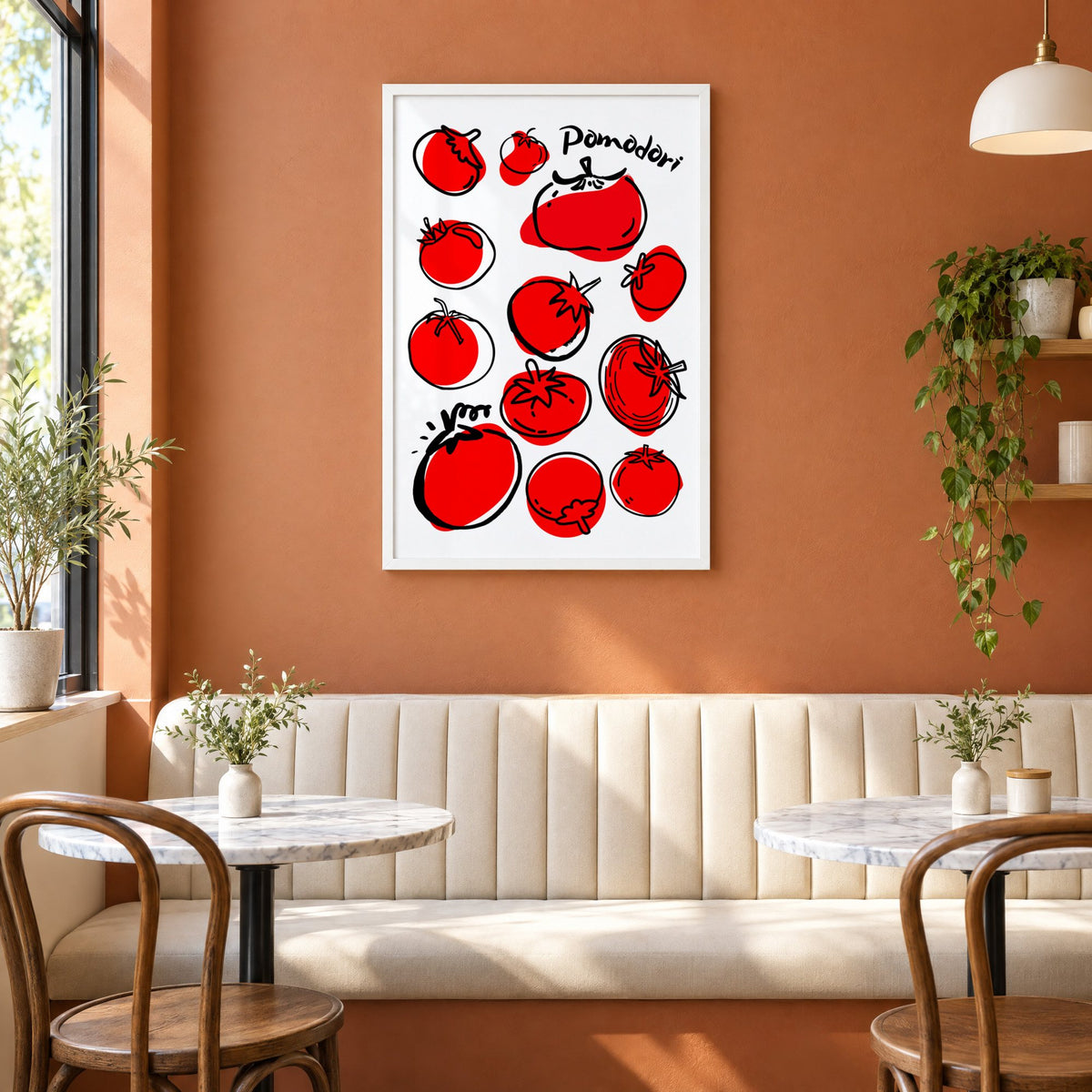 Pomodori tomatoes ink sketch print in a white frame above a cream banquette on a terracotta cafe wall