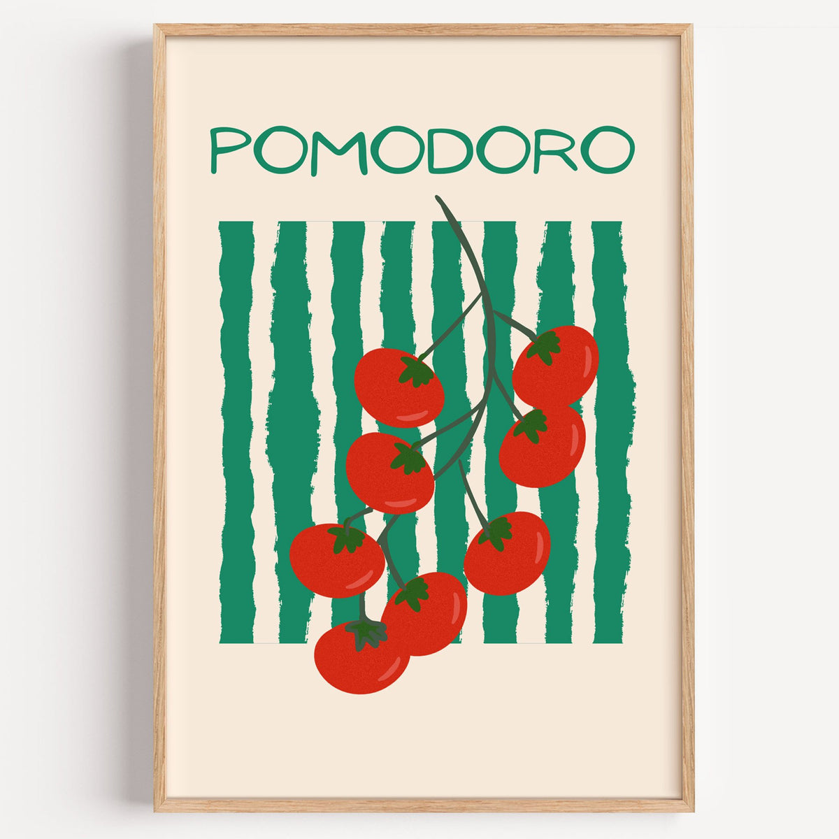 POMODORO cherry tomato vine striped print in a light oak frame on a plain white wall
