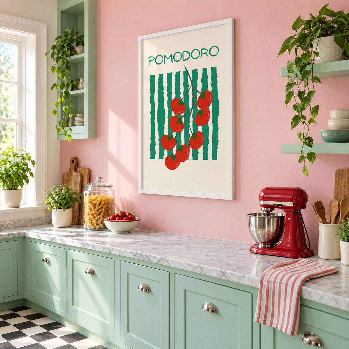 POMODORO cherry tomato vine striped print in a white frame on a pink wall above mint green cabinets in a retro kitchen, seen at an angle