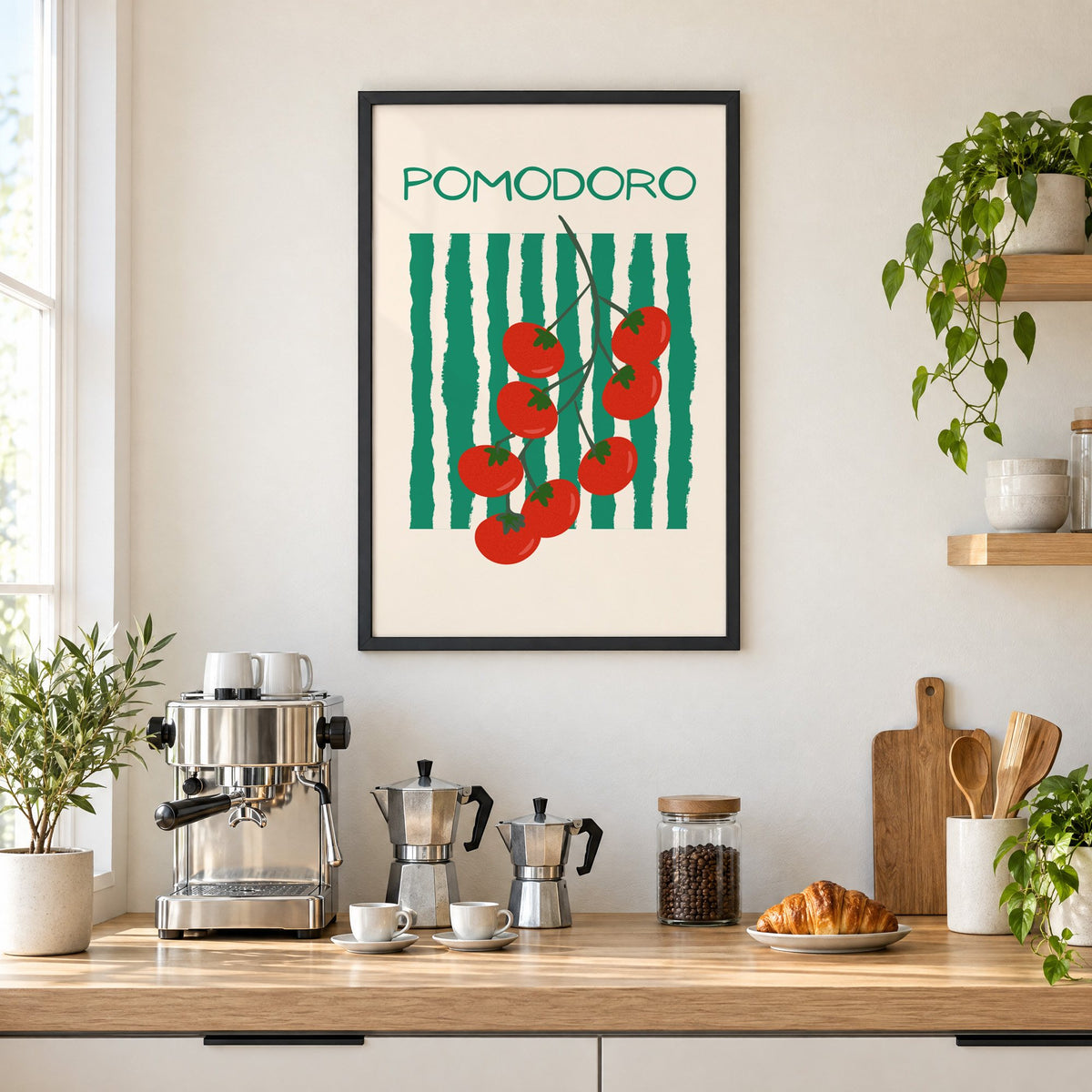 POMODORO cherry tomato vine striped print in a black frame above a home espresso bar with moka pots and espresso cups