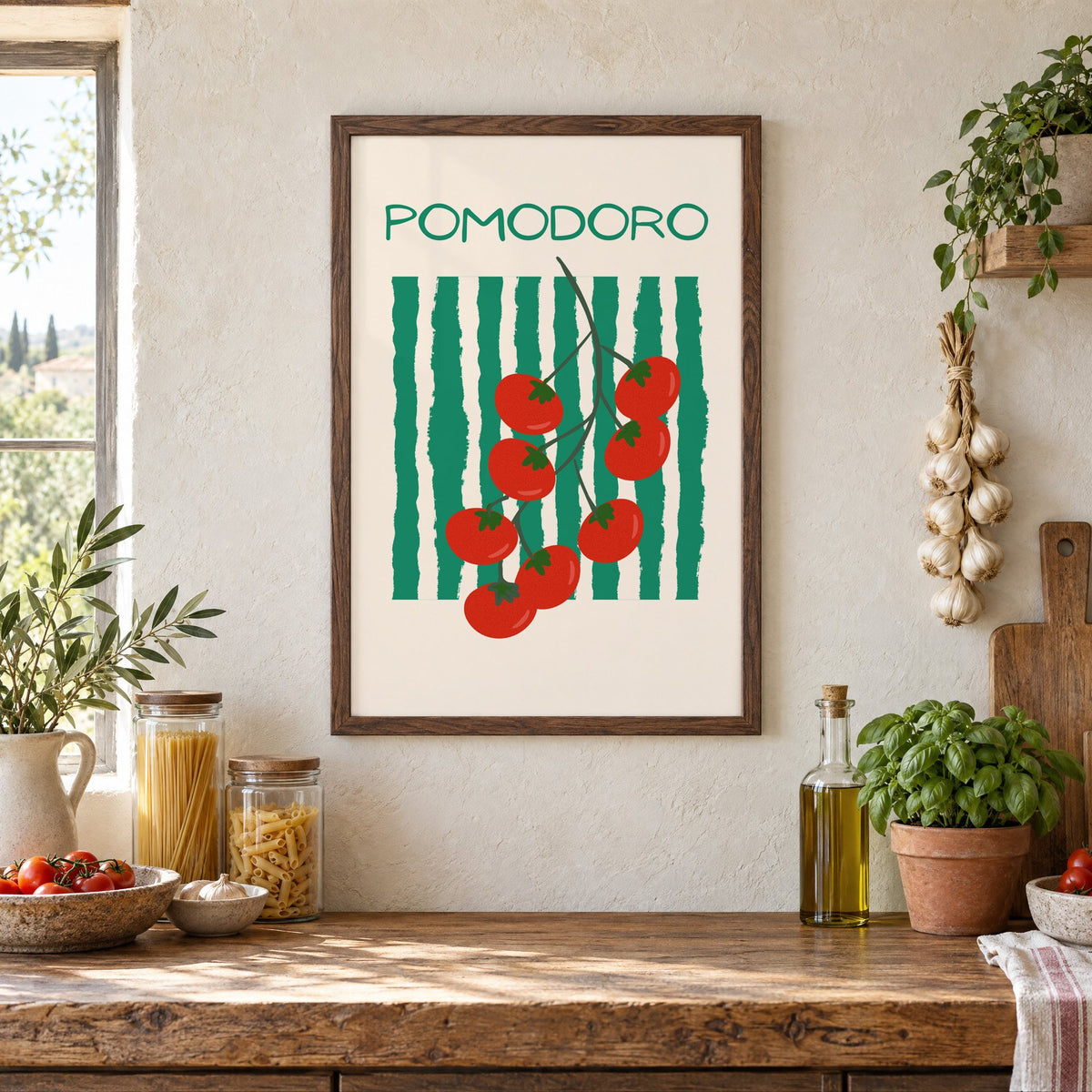 POMODORO cherry tomato vine striped print in a walnut frame above a rustic Italian pantry counter with pasta jars, garlic and tomatoes