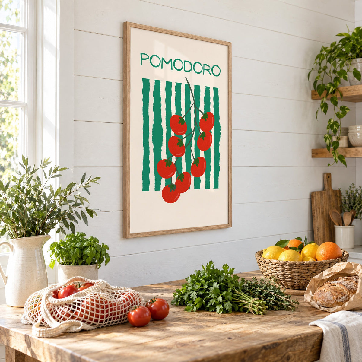 POMODORO cherry tomato vine striped print in an oak frame on a shiplap wall above a farm table with market tomatoes and citrus, seen at an angle