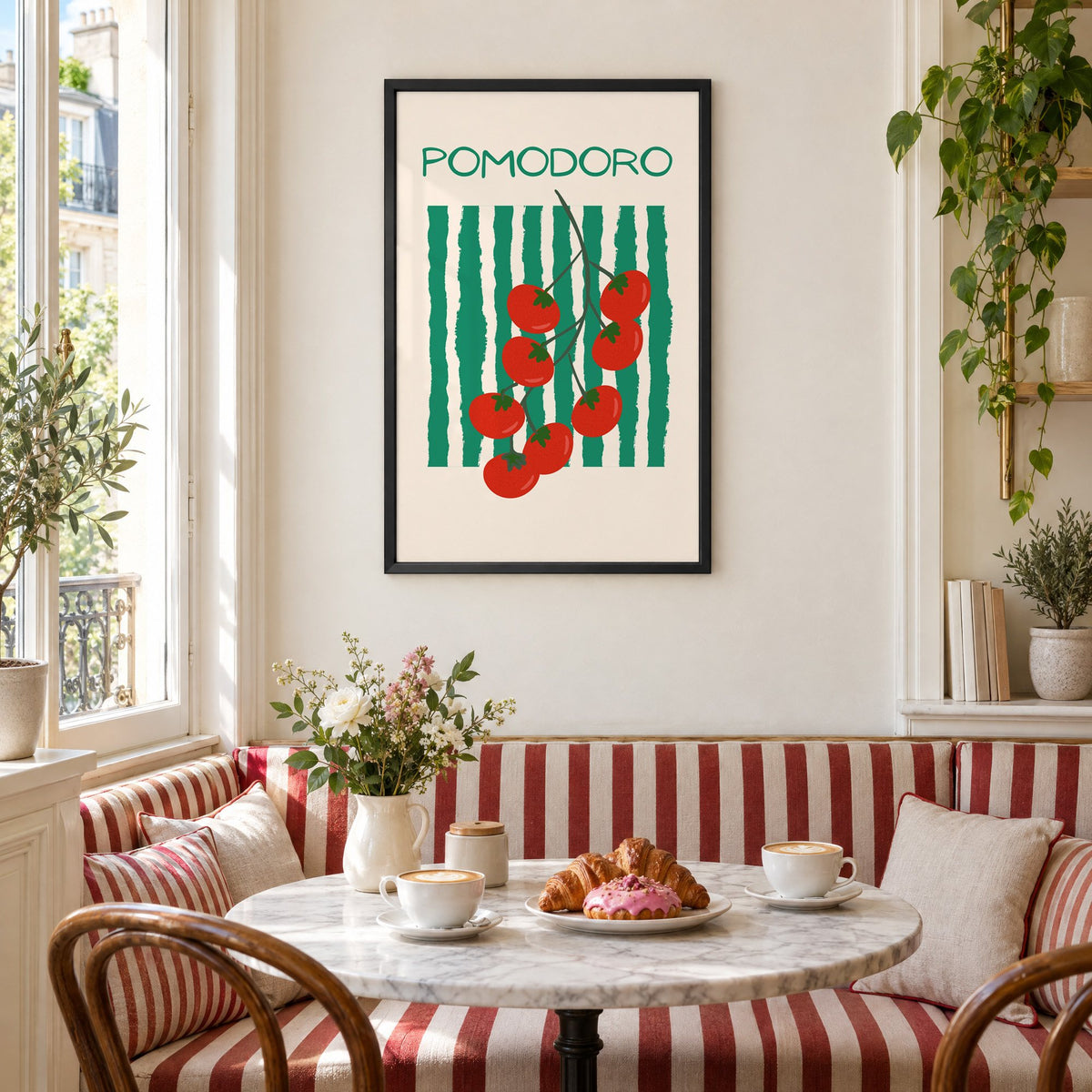 POMODORO cherry tomato vine striped print in a black frame above a striped cafe breakfast nook with cappuccino and pastries