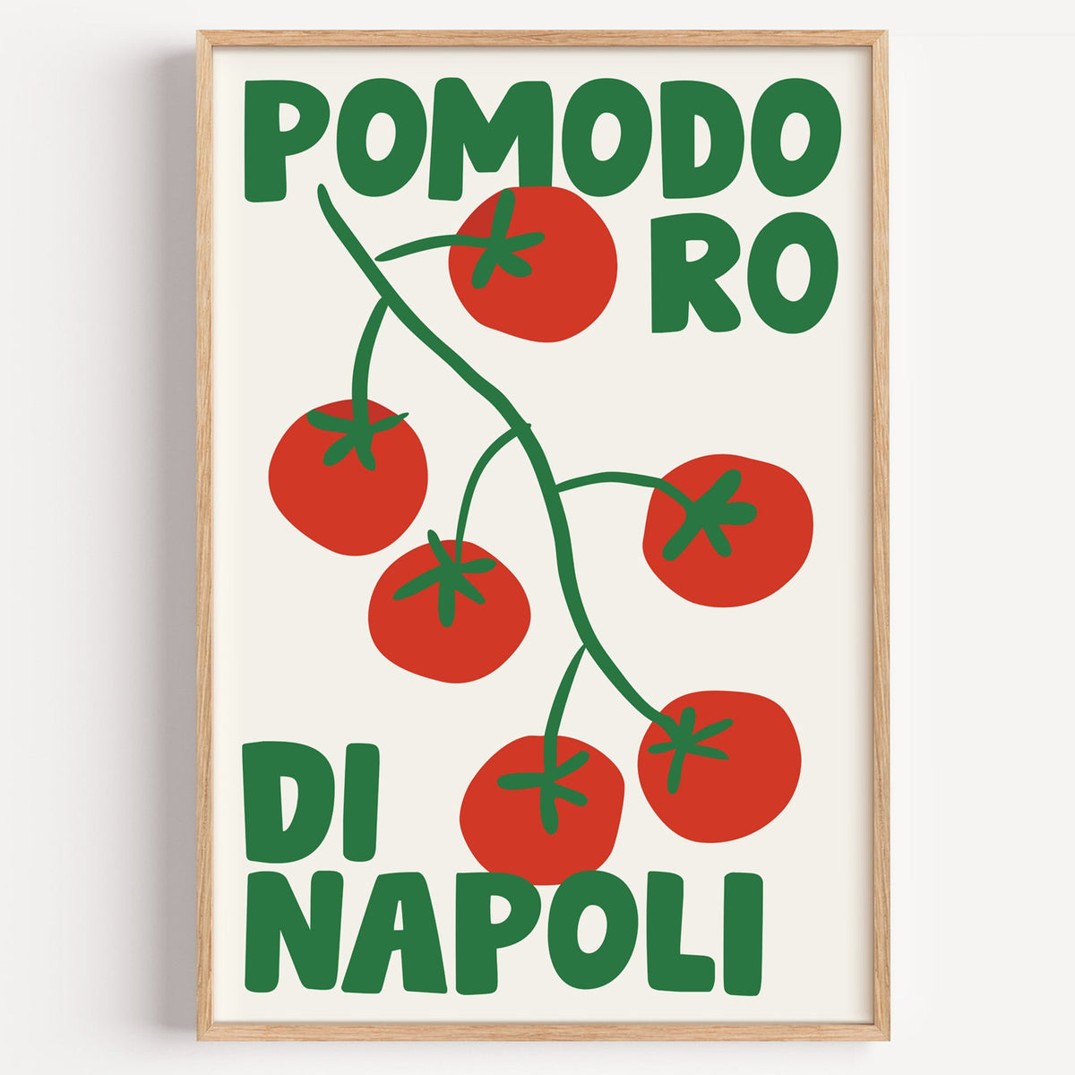 Pomodoro di Napoli tomato print in a light oak frame on a plain white wall
