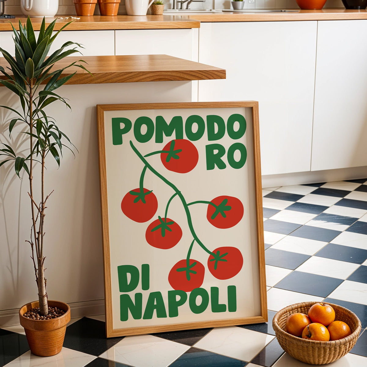 Pomodoro di Napoli tomato print in an oak frame by a kitchen island and tiled floor