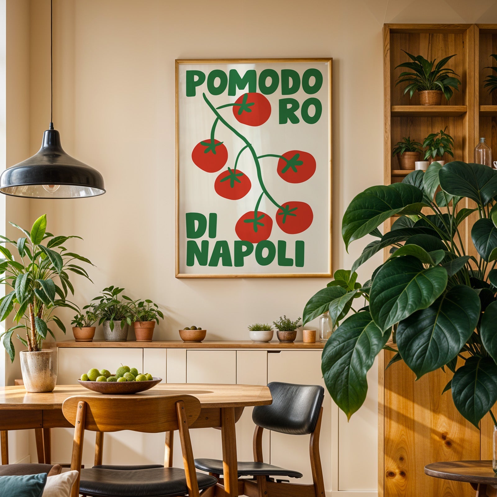 Pomodoro di Napoli tomato print in an oak frame above a sideboard in a dining room
