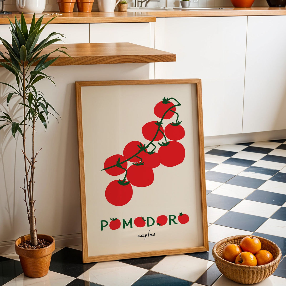Pomodoro Naples tomato vine print in an oak frame by a kitchen island and tiled floor
