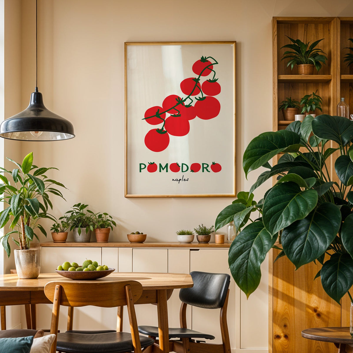 Pomodoro Naples tomato vine print in an oak frame above a sideboard in a dining room