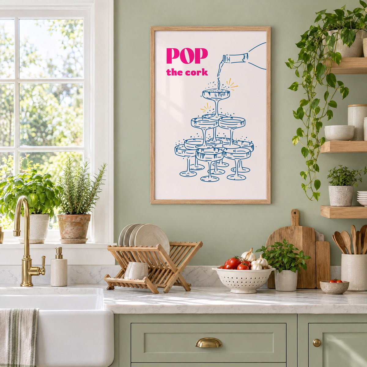 Pop the cork champagne tower print in an oak frame on a sage green kitchen wall beside a farmhouse sink and herbs