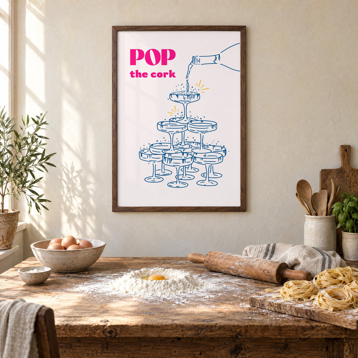 Pop the cork champagne tower print in a walnut frame above a rustic table set for making fresh pasta