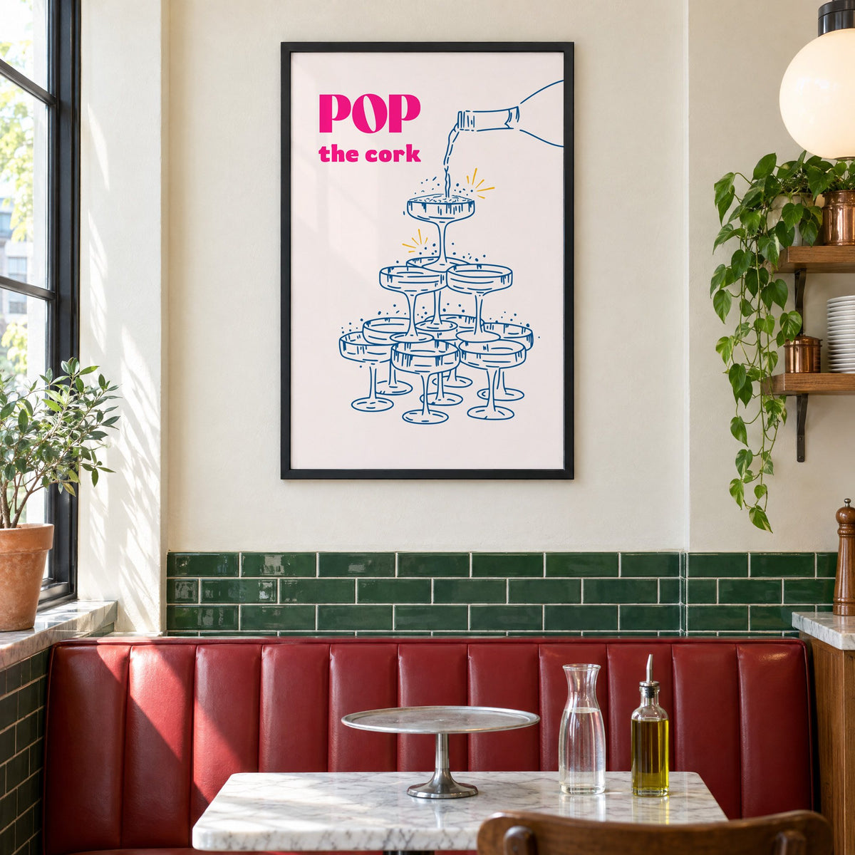 Pop the cork champagne tower print in a black frame above a red leather booth in a sunny pizzeria