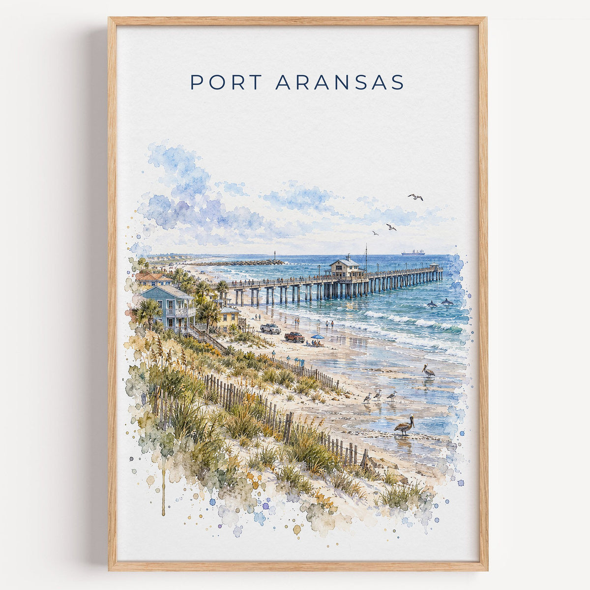 Port Aransas watercolor print in a light oak frame on a plain white wall