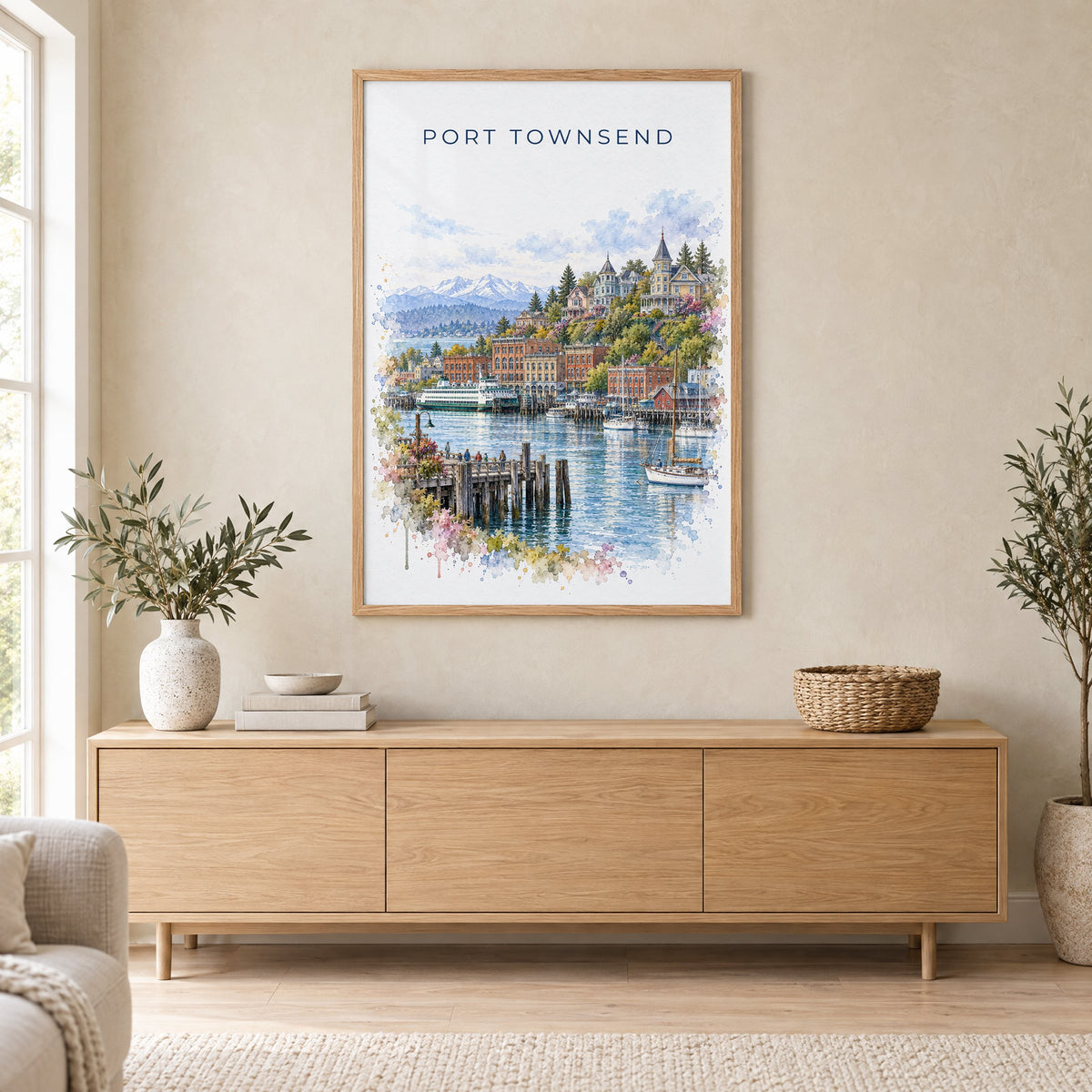 Port Townsend watercolor print in an oak frame above a light wood sideboard in a Scandinavian living room