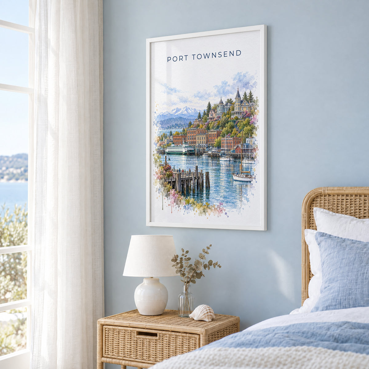 Port Townsend watercolor print in a white frame on a pale blue wall beside a rattan bed in a coastal bedroom