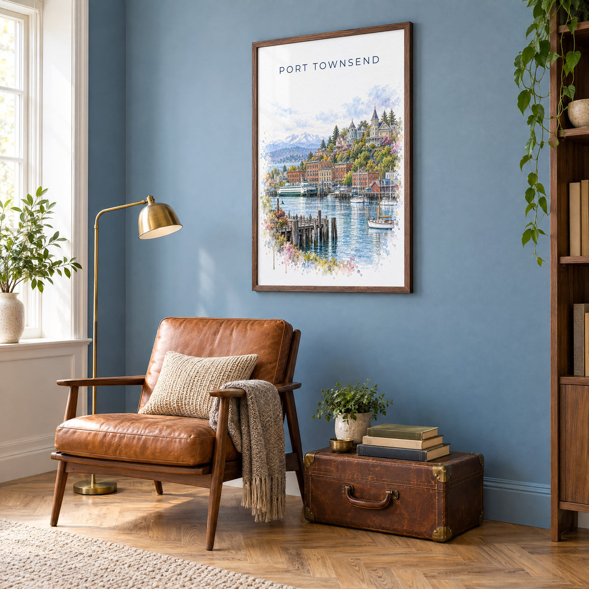 Port Townsend watercolor print in a walnut frame on a blue wall above a leather armchair in a reading nook