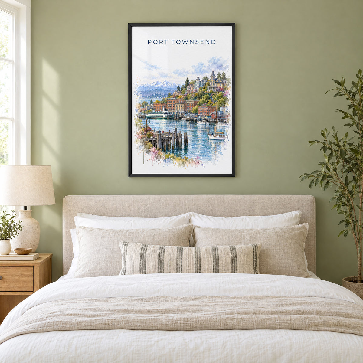 Port Townsend watercolor print in a black frame above an upholstered headboard in a sage green bedroom