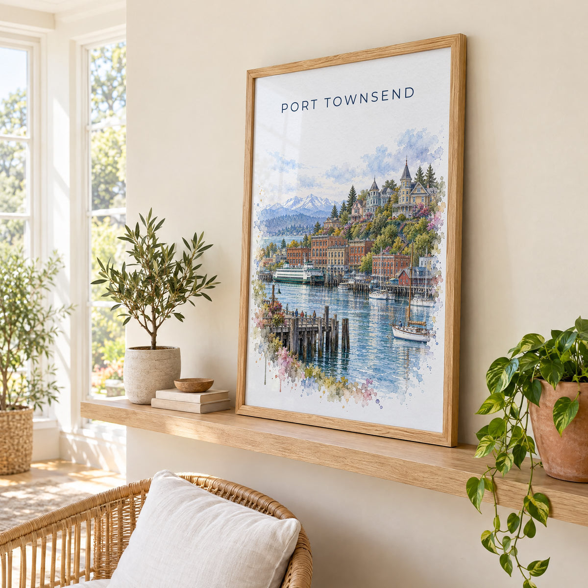 Port Townsend watercolor print in an oak frame on a picture ledge in a sunlit sunroom