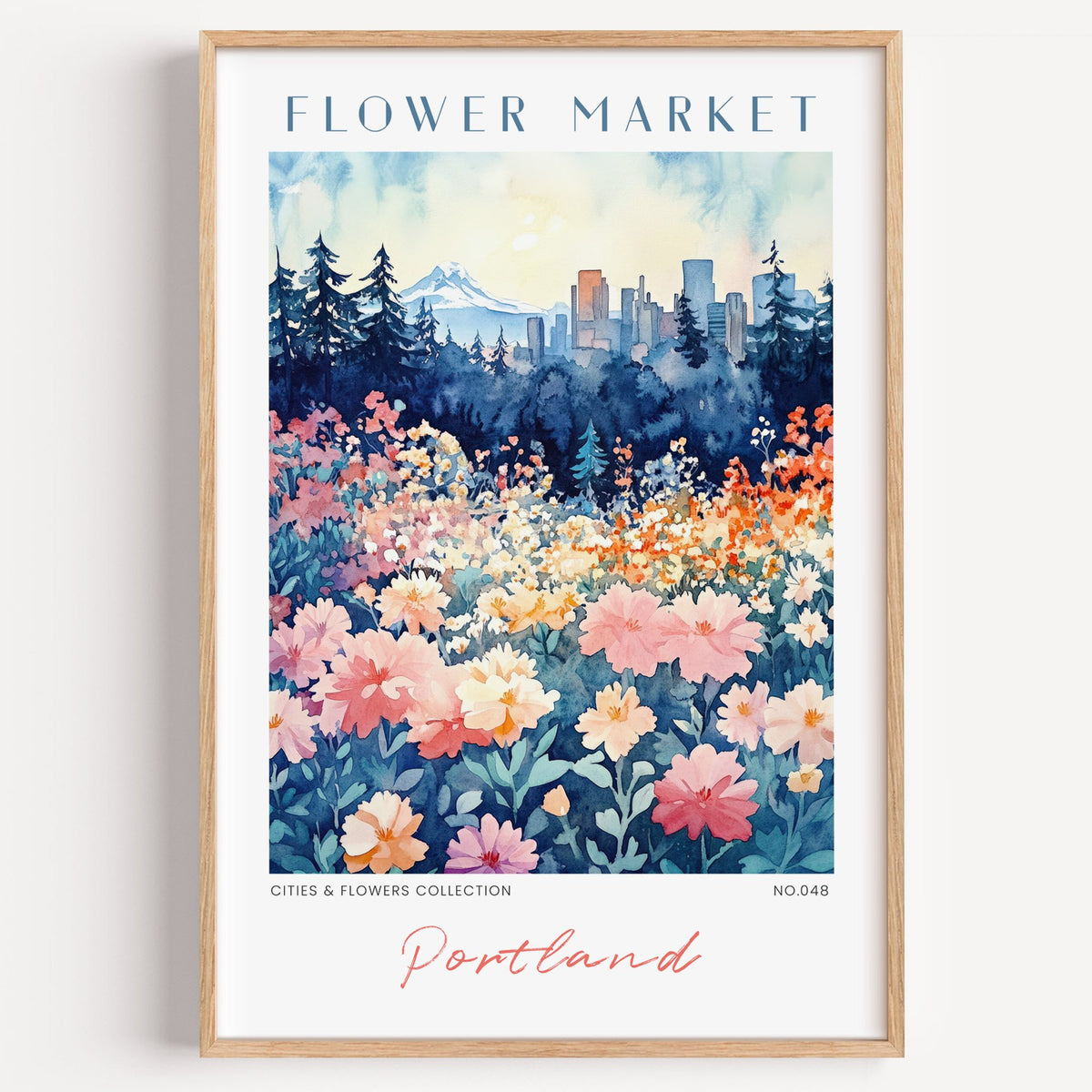 Portland flower market print in a light oak frame on a plain white wall
