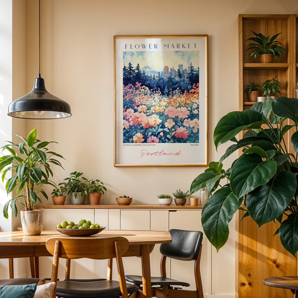 Portland flower market print in an oak frame above a dining sideboard lined with potted plants