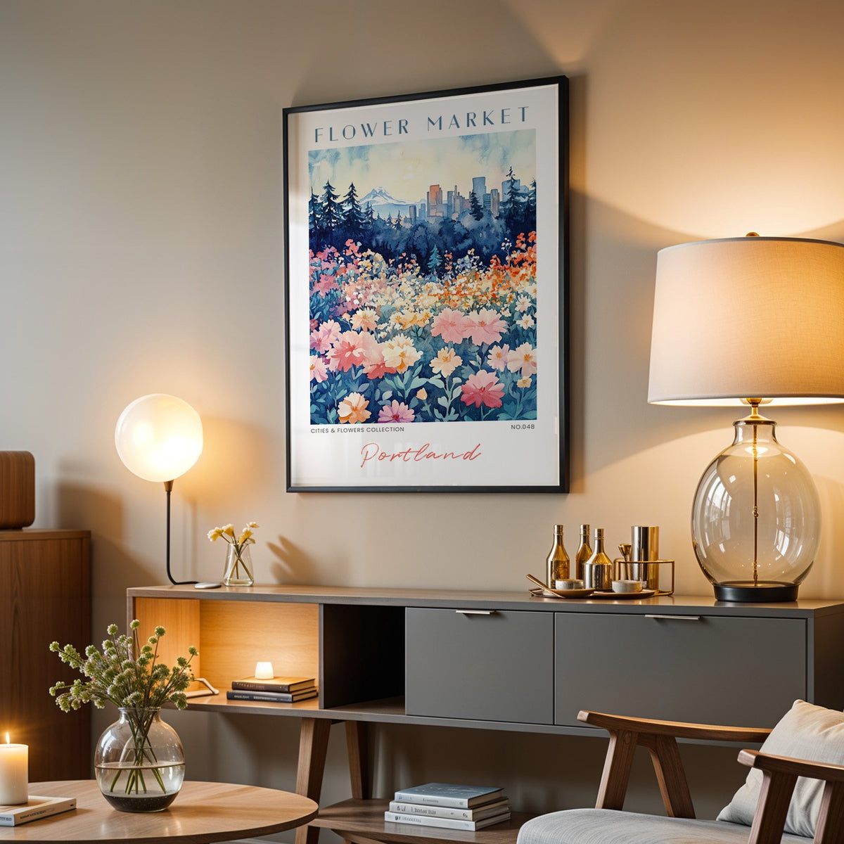 Portland flower market print in a black frame above a grey media console with a glass table lamp