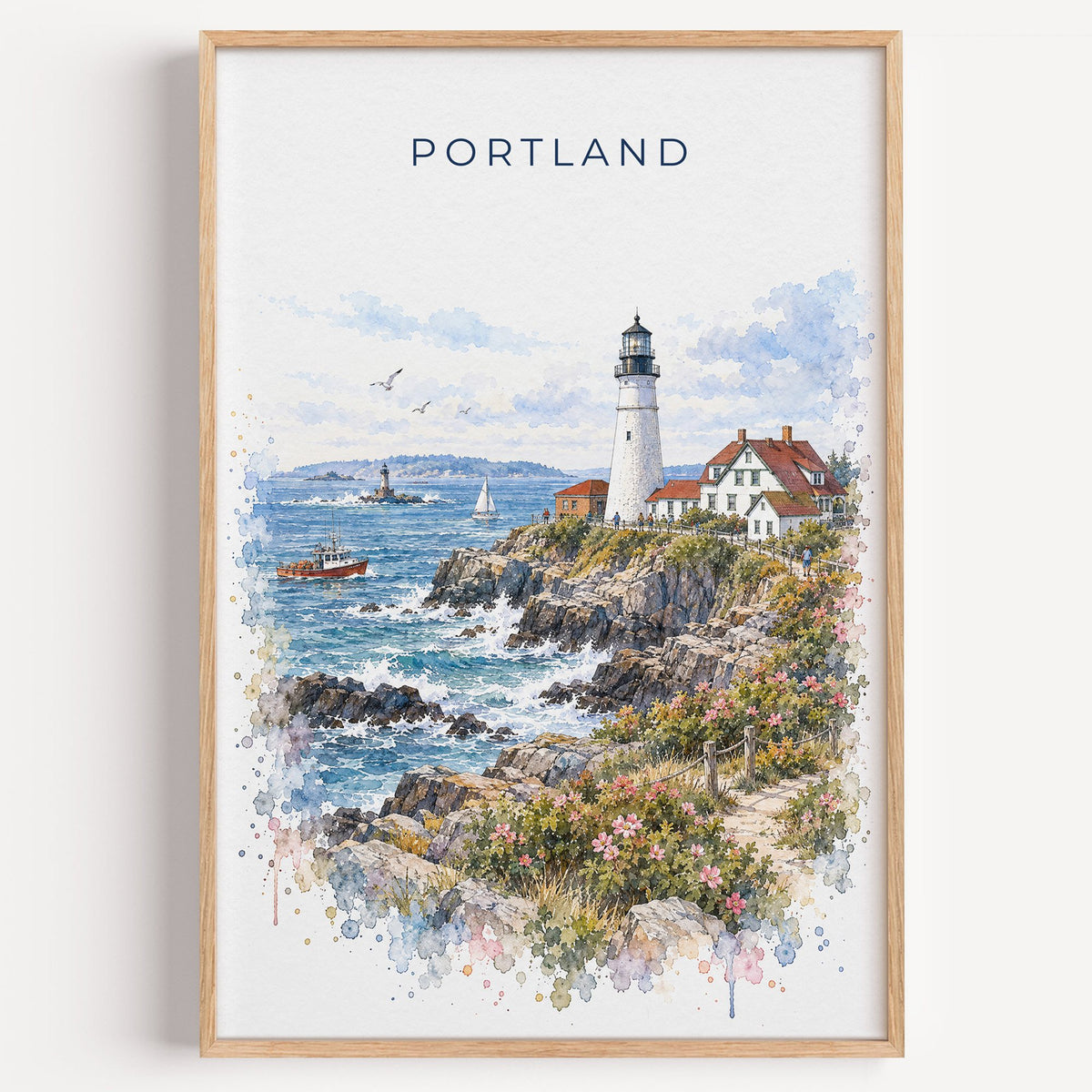 Portland, Maine watercolor print in a light oak frame on a plain white wall