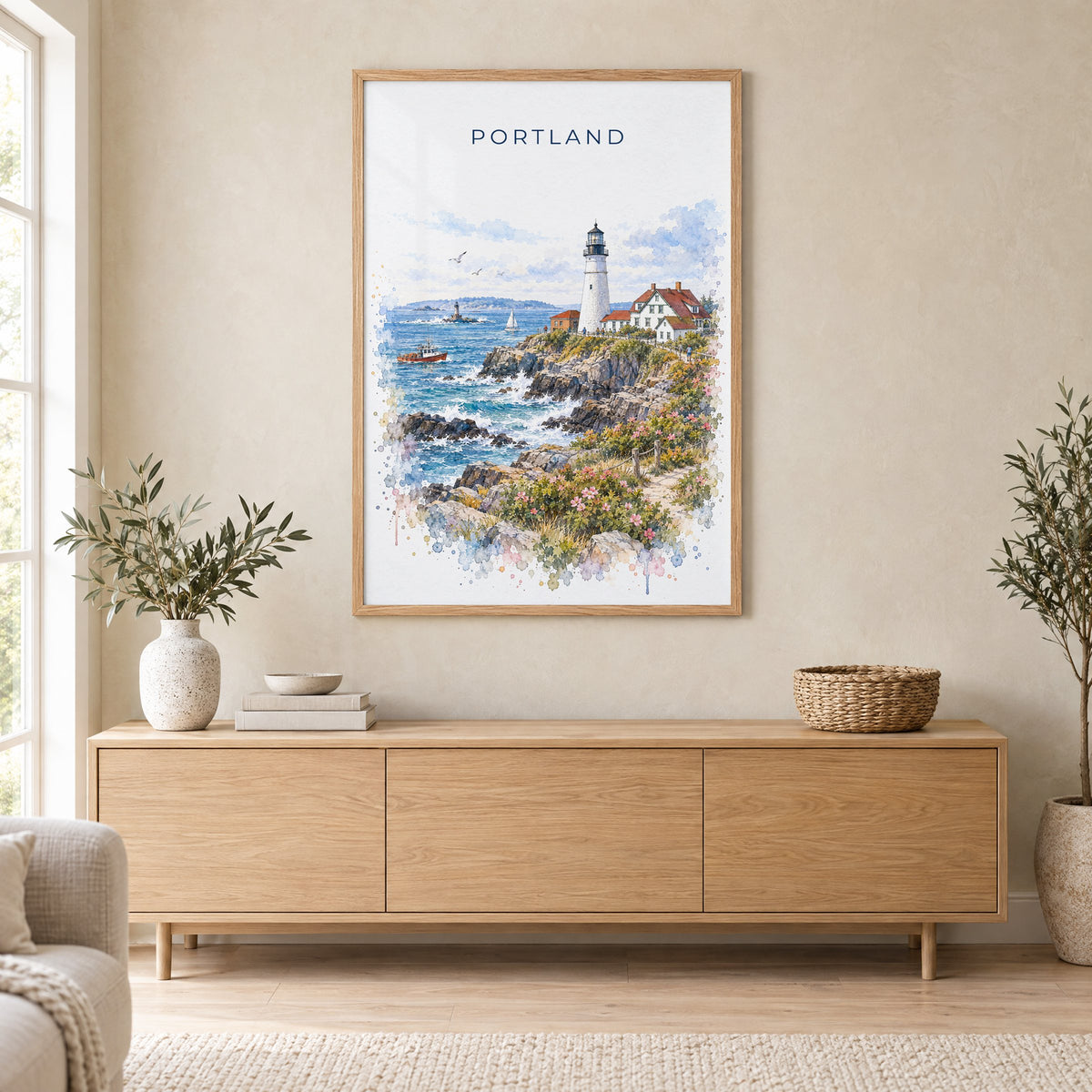 Portland, Maine watercolor print in an oak frame above a light wood sideboard in a Scandinavian living room