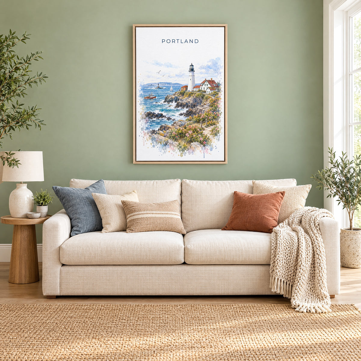 Portland, Maine watercolor print as a natural floater canvas above a cream linen sofa on a sage green wall