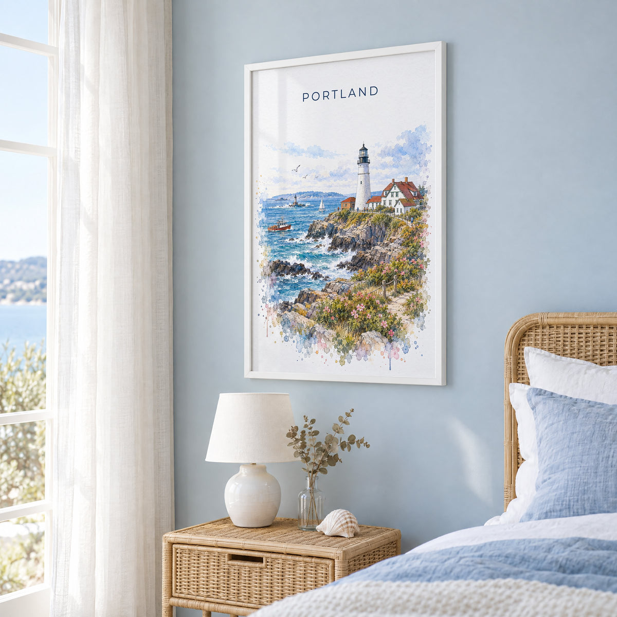 Portland, Maine watercolor print in a white frame on a pale blue wall beside a rattan bed in a coastal bedroom