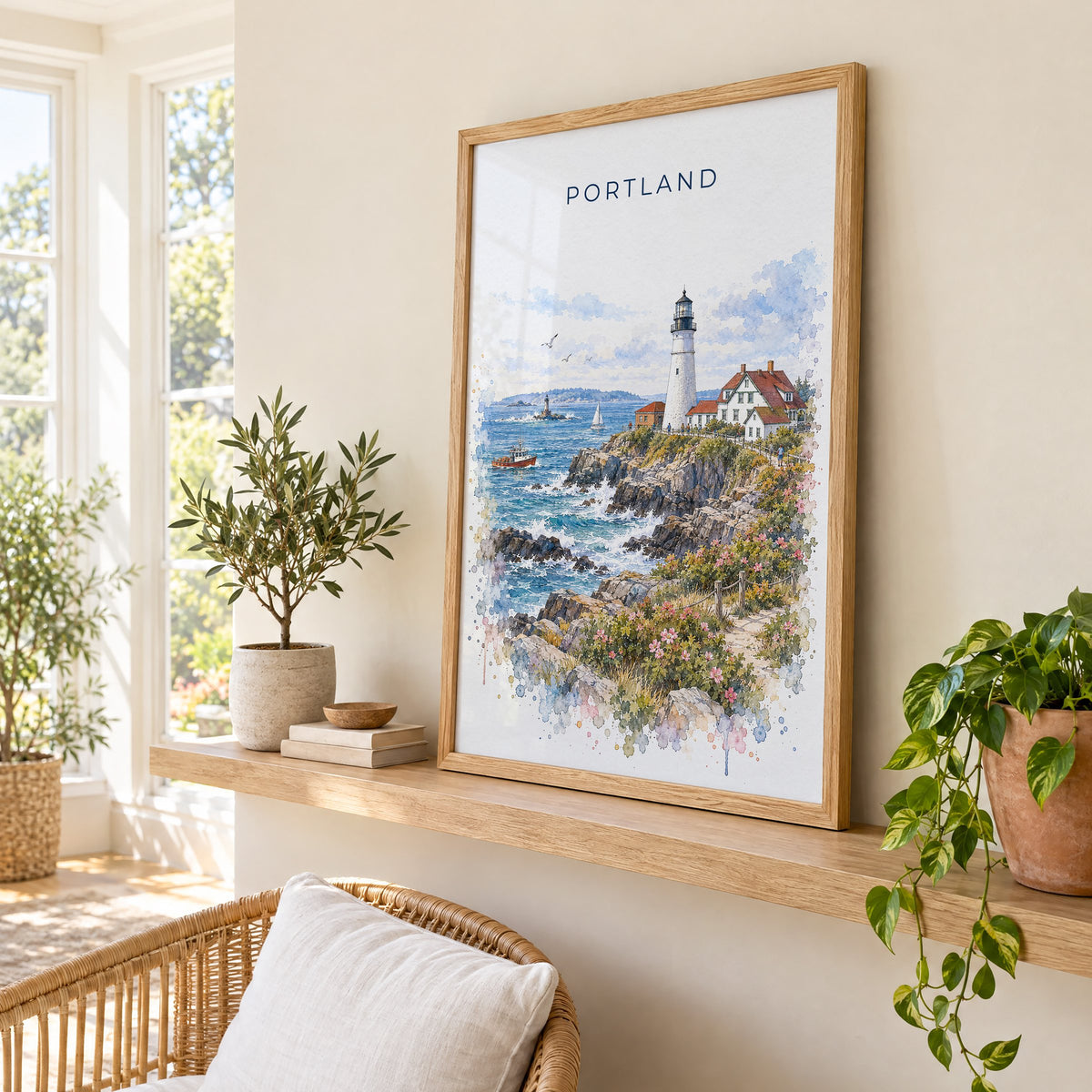 Portland, Maine watercolor print in an oak frame on a picture ledge in a sunlit sunroom