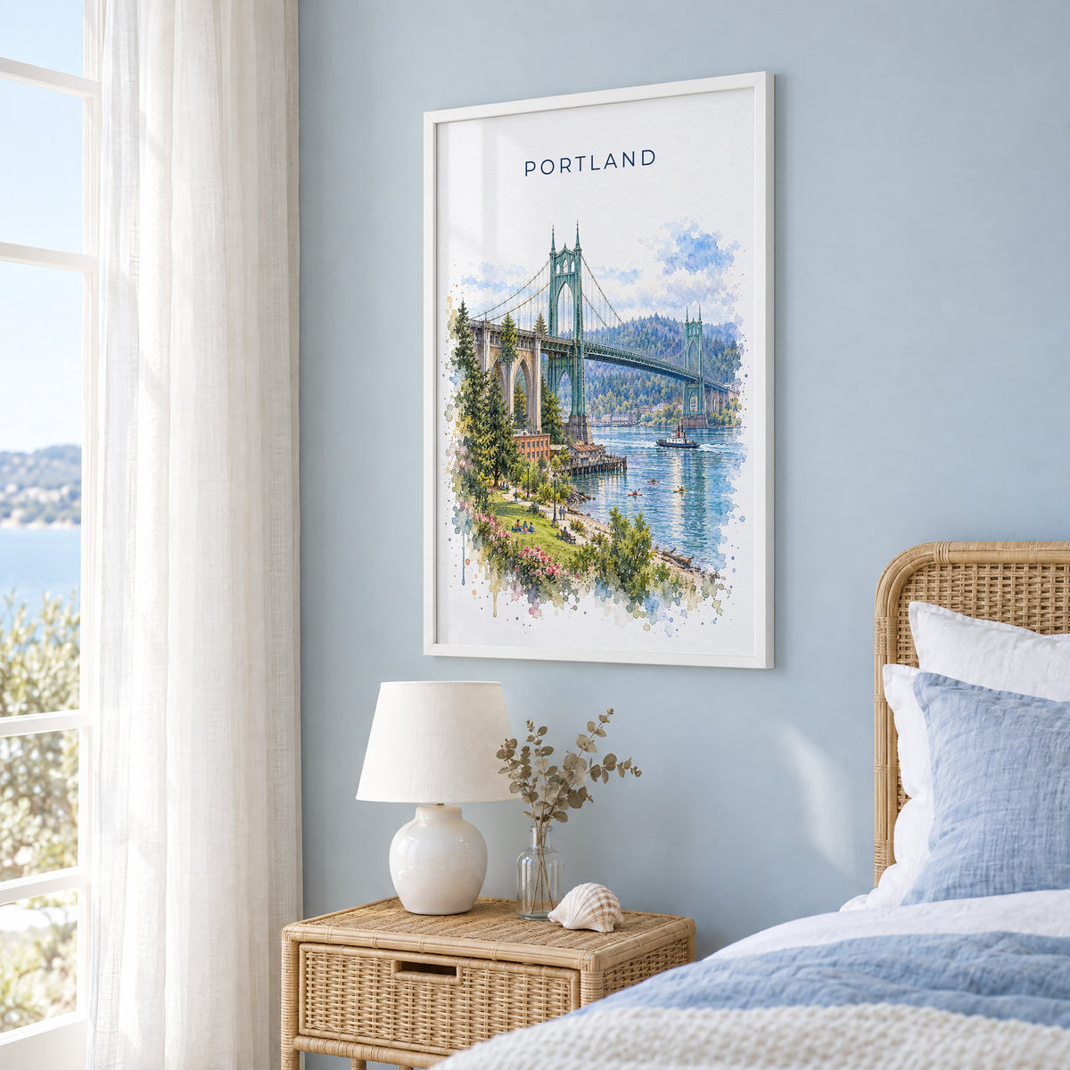 Portland watercolor print in a white frame on a pale blue wall beside a rattan bed in a coastal bedroom