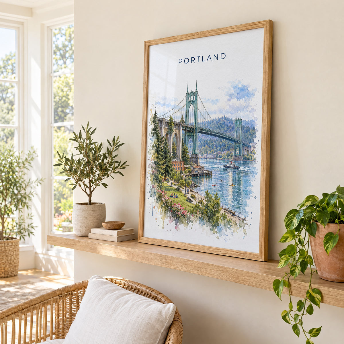 Portland watercolor print in an oak frame on a picture ledge in a sunlit sunroom
