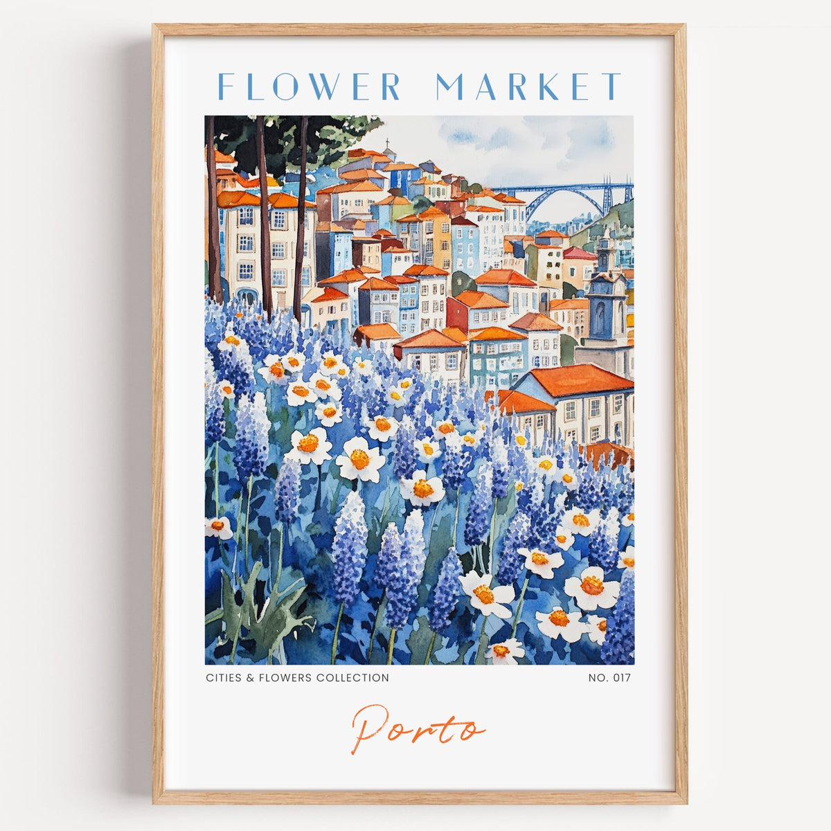 Porto flower market print in a light oak frame on a plain white wall