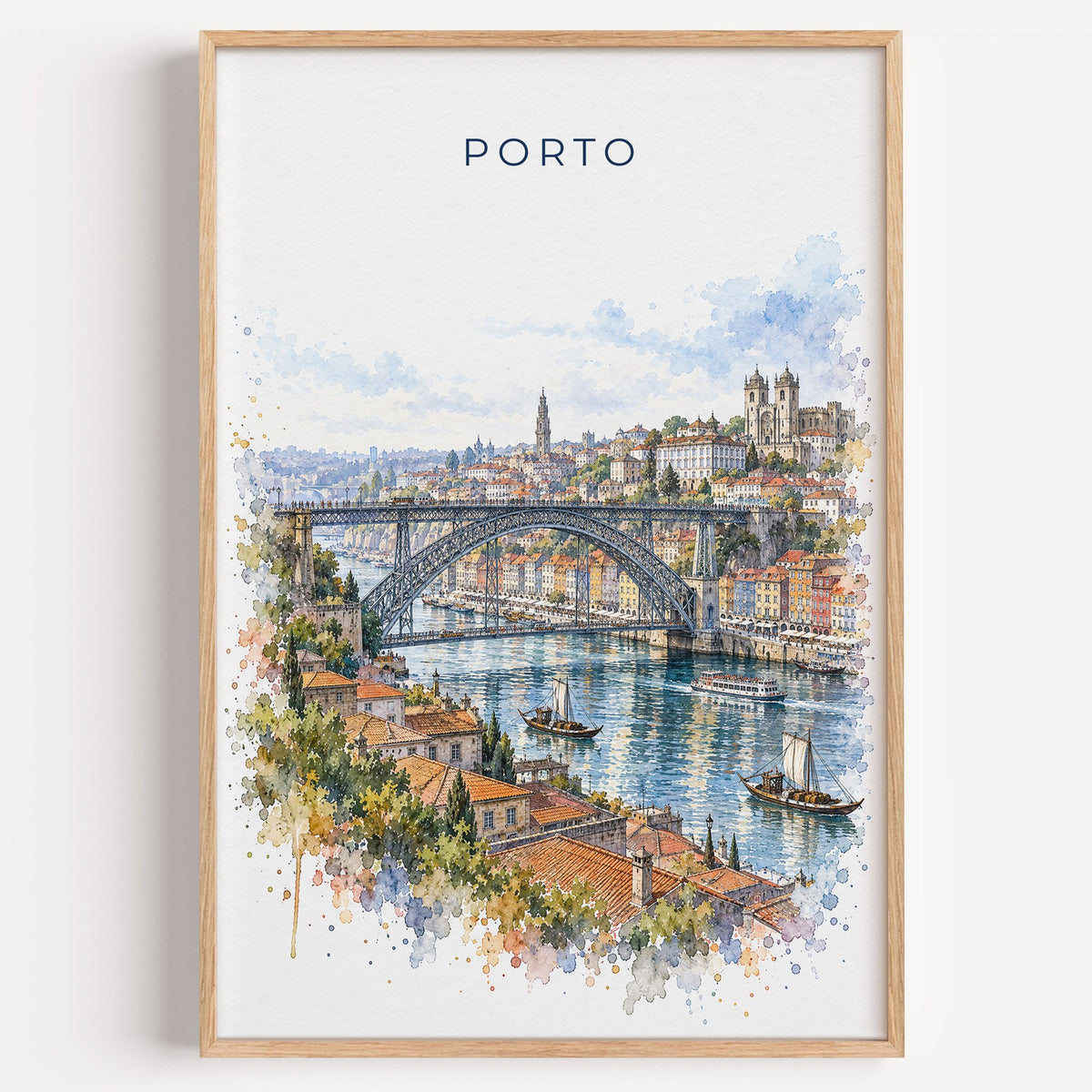 Porto watercolor print in a light oak frame on a plain white wall