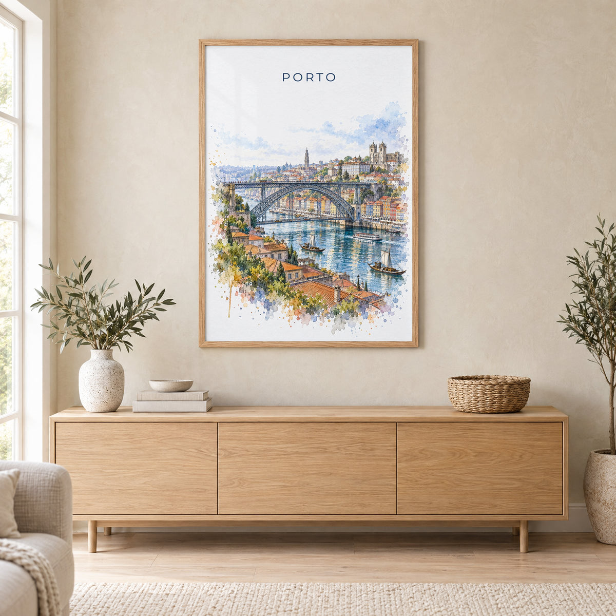 Porto watercolor print in an oak frame above a light wood sideboard in a Scandinavian living room